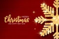 Christmas and New Year banner with glitter golden snowflake at red knit texture. Holiday knitted background with glitter snowflake